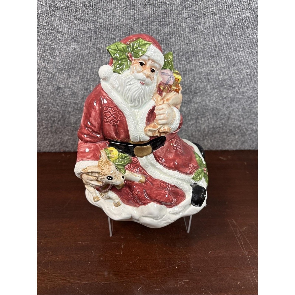 Vtg~Ceramic~Sitting Santa Claus with Deer and Toys Cookie Jar w/Lid